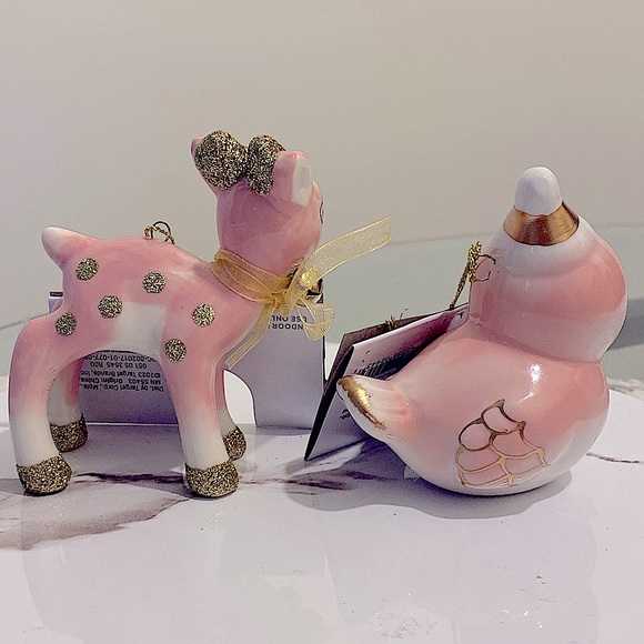 🎄 Wondershop - Ceramic Retro Style Ornament Set of 2 - Pink Bird and Deer - Picture 2 of 4